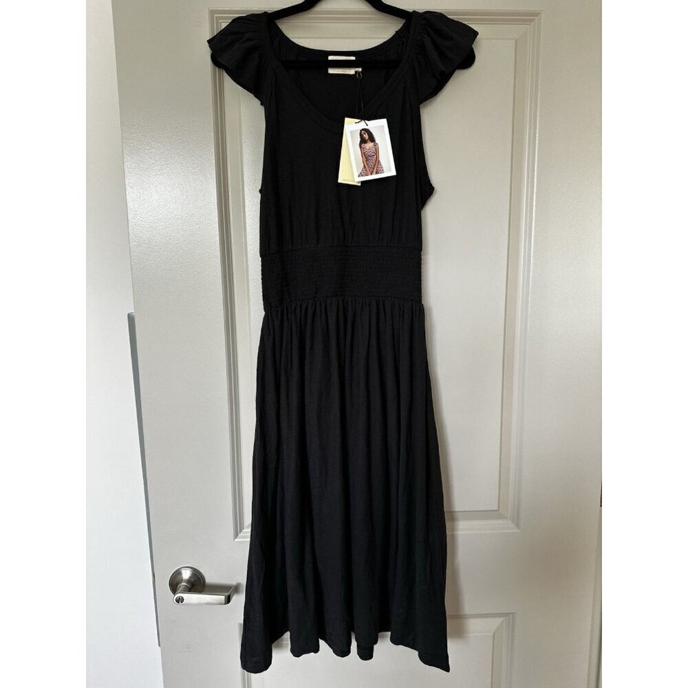 Nation LTD NWT Black Midi Dress Smocked Cap Sleeve V Neck Black Size Medium - Picture 1 of 8